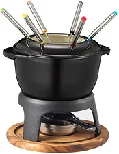 Foni Fondue gjutjärn emaljerad svart akacia träplatta Dorre