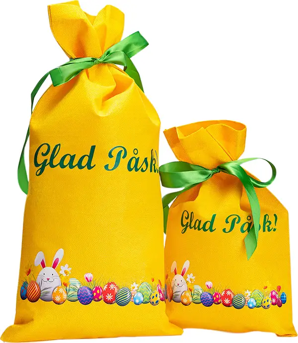 Påsksäck Gul Glad Påsk 25x40 cm med grönt band - bild 1