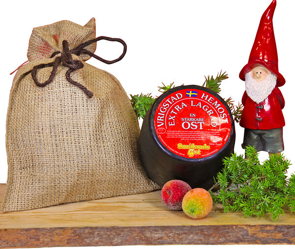 Julost Röd & Blå Gourmet i Julsäck God Jul jutesäck matgåva
