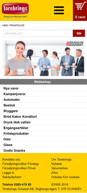 Mobil hemsida huvudgrupper Torebrings Grossist AB
